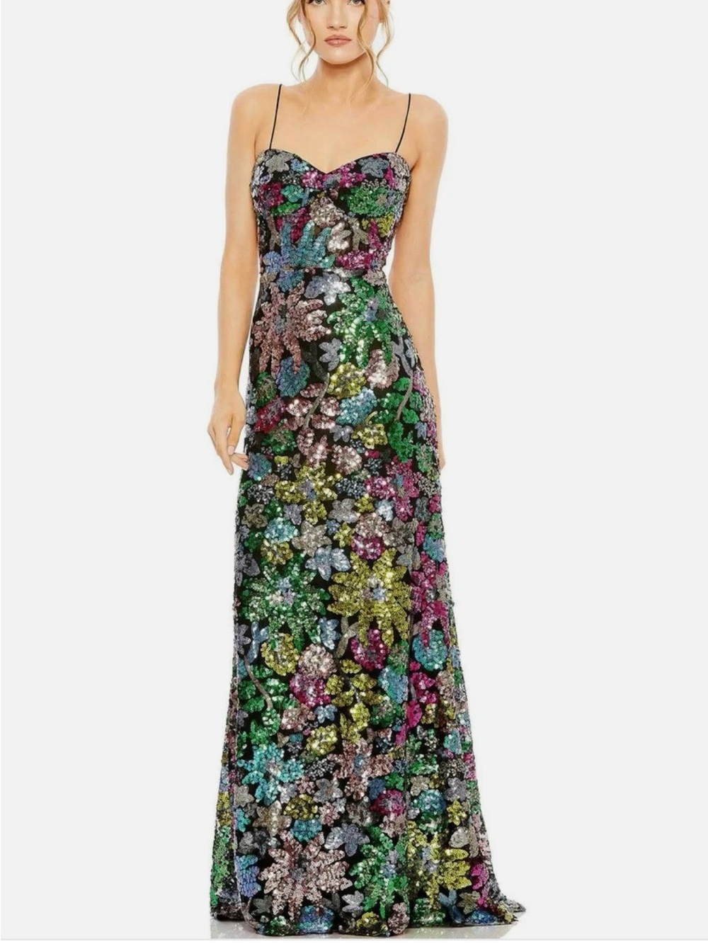 Mac Duggal Multicolor Sequin Floral Maxi Dress with Spaghetti Straps